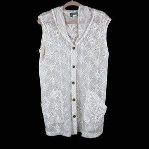 White Hooded Mesh Swimsuit Cover by Portocruz, Wooden Buttons SZ L